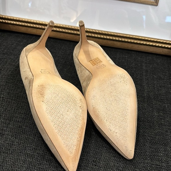 Tory Burch Tan Suede Pointed Toe Pumps Gold Logo Heel Sand Heels - Picture 9 of 16